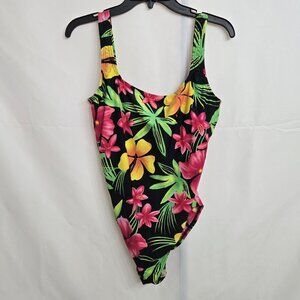 Vintage 90s Speedo Black Floral One-Piece Swimsuit - VTG Large 14 High Leg S2S